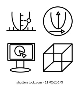Set of 4 vector icons such as Parabola, Parabolic, Monitor, Cube, web UI editable icon pack, pixel perfect
