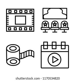Set of 4 vector icons such as Film strip, Cinema, roll, Video player, web UI editable icon pack, pixel perfect