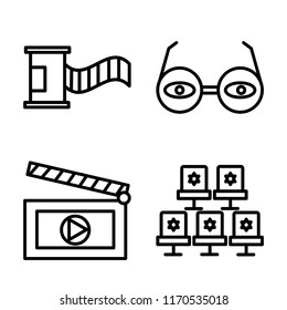 Set of 4 vector icons such as Film roll, 3d glasses, Clapboard, Seat, web UI editable icon pack, pixel perfect