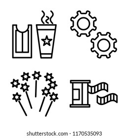 Set of 4 vector icons such as Ticket, Settings, Fireworks, Film roll, web UI editable icon pack, pixel perfect