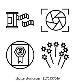 Set of 4 vector icons such as Film roll, Shutter, Award, Fireworks, web UI editable icon pack, pixel perfect