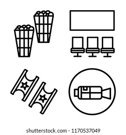 Set of 4 vector icons such as Popcorn, Cinema, Ticket, Video camera, web UI editable icon pack, pixel perfect