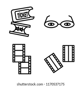 Set of 4 vector icons such as Ticket, 3d glasses, Film reel, Negative film, web UI editable icon pack, pixel perfect