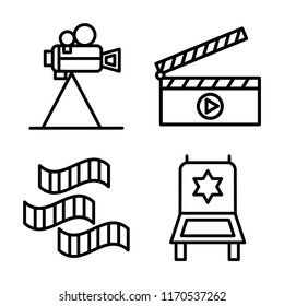 Set of 4 vector icons such as Video camera, Clapperboard, Film roll, Director chair, web UI editable icon pack, pixel perfect