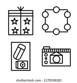 Set of 4 vector icons such as Packaging, Crop, Eraser, Photo camera, web UI editable icon pack, pixel perfect