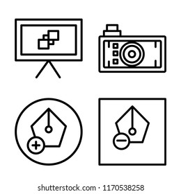 Set of 4 vector icons such as Canvas, Photo camera, Pen, web UI editable icon pack, pixel perfect