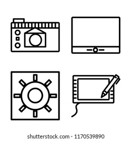 Set of 4 vector icons such as Photo camera, Monitor, Brightness, Graphic tablet, web UI editable icon pack, pixel perfect