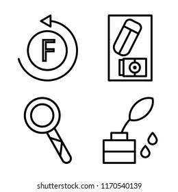 Set of 4 vector icons such as Font, Eraser, Loupe, Ink, web UI editable icon pack, pixel perfect