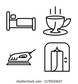 Set of 4 vector icons such as Bed, Coffee cup, Iron, Lift, web UI editable icon pack, pixel perfect