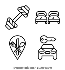 Set of 4 vector icons such as Dumbbell, Beds, Restaurant, Rent a car, web UI editable icon pack, pixel perfect