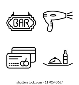 Set of 4 vector icons such as Bar, Hairdryer, Cit card, Room service, web UI editable icon pack, pixel perfect