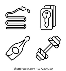 Set of 4 vector icons such as Hose, Door key, Champagne, Dumbbell, web UI editable icon pack, pixel perfect