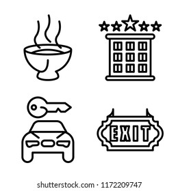 Set of 4 vector icons such as Soup, Hotel, Rent a car, Exit, web UI editable icon pack, pixel perfect