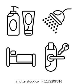 Set of 4 vector icons such as Gel, Shower, Bed, Room key, web UI editable icon pack, pixel perfect