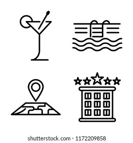 Set of 4 vector icons such as Cocktail, Swimming pool, Map, Hotel, web UI editable icon pack, pixel perfect