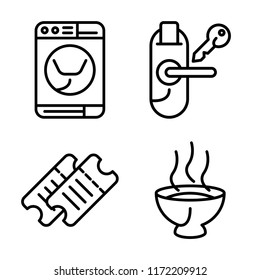 Set of 4 vector icons such as Washing machine, Room key, Ticket, Soup, web UI editable icon pack, pixel perfect