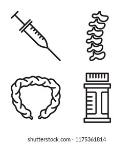 Set of 4 vector icons such as Syringe, Spinal column, Intestines, Drugs, web UI editable icon pack, pixel perfect