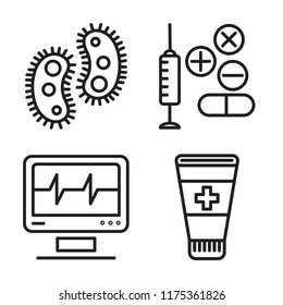 Set of 4 vector icons such as Bacteria, Drugs, Cardiogram, Ointment, web UI editable icon pack, pixel perfect