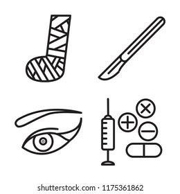 Set of 4 vector icons such as Plaste foot, Scalpel, Eye, Drugs, web UI editable icon pack, pixel perfect