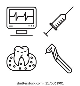 Set of 4 vector icons such as Cardiogram, Syringe, Gum, Dental drill, web UI editable icon pack, pixel perfect