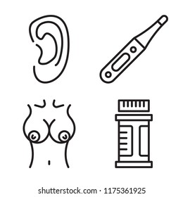 Set of 4 vector icons such as Ear, Thermometer, Breast, Drugs, web UI editable icon pack, pixel perfect