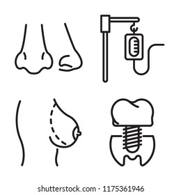Set of 4 vector icons such as Nose, Blood transfusion, Breast implant, Premolar, web UI editable icon pack, pixel perfect