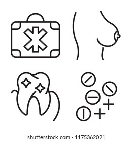 Set of 4 vector icons such as Medicine, Breast, Tooth, Tablets, web UI editable icon pack, pixel perfect