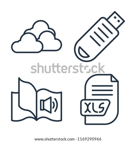 Set of 4 vector icons such as Cloud, Pendrive, Audiobook, Xls, web UI editable icon pack, pixel perfect