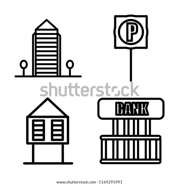 Set of 4 vector icons\
such as Aparment, Parking, Hut, Bank, web UI editable icon pack,\
pixel perfect