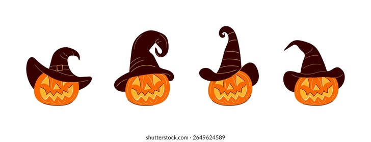 Set of 4 vector illustrated jack-o-lanterns. Each cute carved pumpkin wears a different witch hat. Isolated Halloween design elements for party decorations or greeting cards.