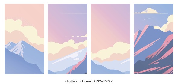 Un conjunto de 4 Ilustraciones vectoriales con suaves puestas de sol montañosas con suaves Gradientes de cielos naranjas, rosados y púrpuras. Ideal para diseños tranquilos inspirados en la naturaleza y escenas tranquilas al aire libre.