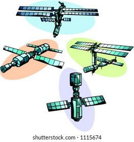 A set of 4 vector illustrations of space stations.