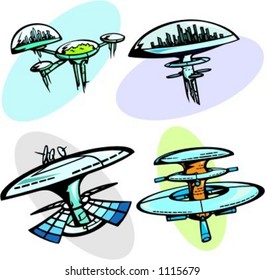 A set of 4 vector illustrations of space cities.