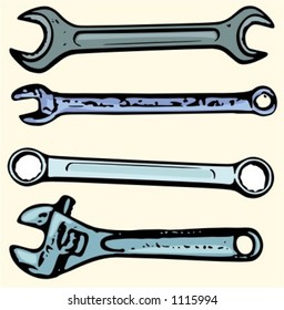 A set of 4 vector illustrations of spanners and wrenches.