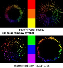 Set of 4 vector images - six-colored rainbow Ring, Sun, Splash, Stars