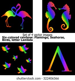 Set of 4 vector images - six-stripe rainbow Flamingo, Seahorse, Birds, letter Lambda