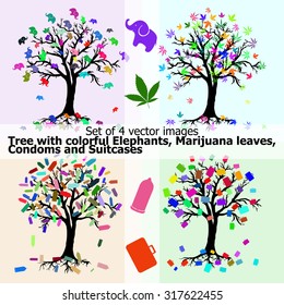 Set of 4 vector images - Tree with colorful Elephants, Marijuana leaves, Condoms and Suitcases