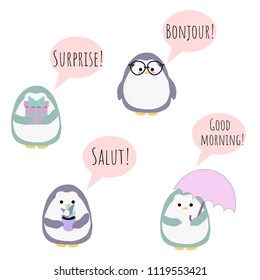 Set of 4 vector kawaii penguins with messages for your bullet journal stickers, scrapbooking, patches, etc.