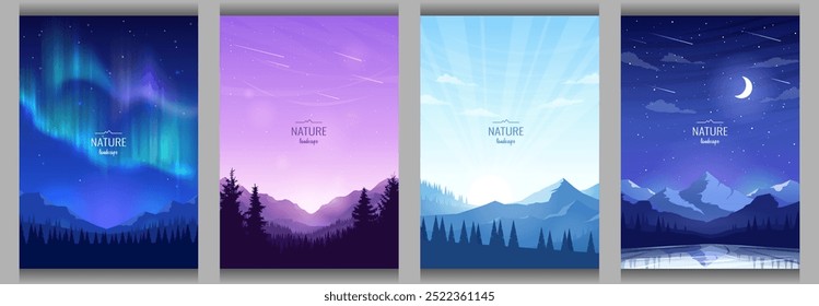 Set of 4 vector landscape backgrounds. Aurora Borealis, night scene, moon over lake, view of forest and mountains. Sunrise and sunset. The concept of tourism, hiking, active recreation, vacation.