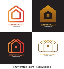Set of 4 vector logos. Abstract houses in a linear style. Security houses, home and property protection, real estate sales, home renovation, architecture, landscape design and much more.