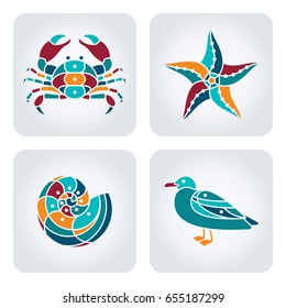 Set of 4 vector mosaic seaside icons.