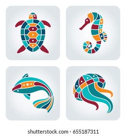 Set of 4 vector mosaic seaside icons.