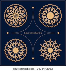 Ajuste 4 del patrón de círculo ornamental vectorial. Mandala. El patrón oro redondeado se puede usar para motivos, tejidos, envolturas de regalo, plantillas, placas, azulejos. Vector.