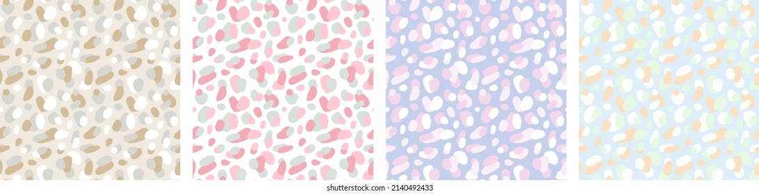 Set of 4 vector pastel seamless patterns with spots. Collection of 4 multicolor ornaments for background, print, design.
