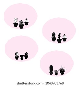 Set of 4 vector patches with potted succulent plants on pink background, use it for patches, stickers, invitations, lables, etc.