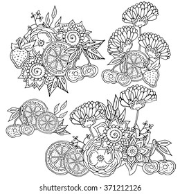 set of 4 vector patterns with abstract flowers fruits and berries . Coloring book page for adult.