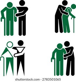 Set of 4 vector pictogram icons showing caregiver support for elderly people. Green figures represent seniors with canes, black figures show caregivers providing assistance, hugging, and physical support. Two-color style variations including solid and outline for healthcare senior living home care nursing charity and medical services. Isolated on white background. Ideal for healthcare branding medical apps insurance brochures and care facility signage.
