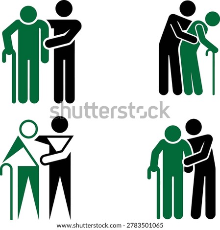 Set of 4 vector pictogram icons showing caregiver support for elderly people. Green figures represent seniors with canes, black figures show caregivers providing assistance, hugging, and physical support. Two-color style variations including solid and outline for healthcare senior living home care nursing charity and medical services. Isolated on white background. Ideal for healthcare branding medical apps insurance brochures and care facility signage.