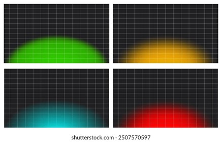 Set of 4 vector rectangular or square grids on a black background with glowing red, green, blue, and orange neon circles.Set of 4 Vector White Rectangular and Square Grids on Dark Background