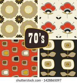 Set of 4 vector retro mid century seamless pattern wit abstract square shapes and flowers, red, black, ivory and mustard yellow colors.